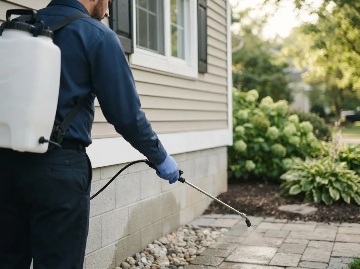 Pest control technician inspecting a home in Fountain, MI
